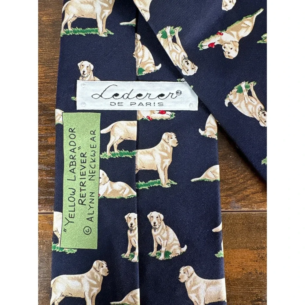 Lederer de Paris Alynn Yellow Labrador Retriever Silk Tie Navy Blue Made in USA